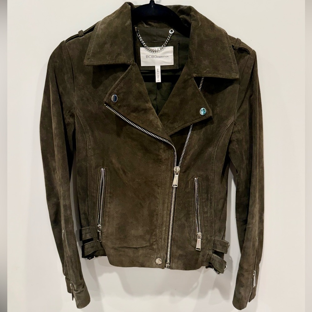BCBG GENERATION Genuine Suede Leather Moto Jacket in Dark Hunter Green XS